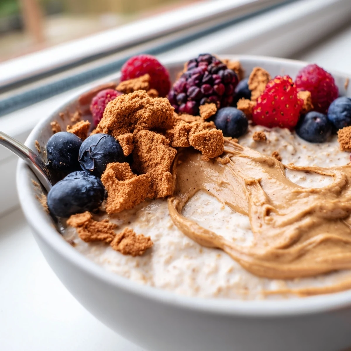 Creamy Quick Biscoff Overnight Oats layered with fresh berries and banana slices in a glass jar.  