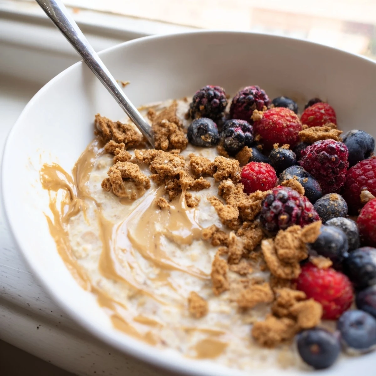 A jar of Quick Biscoff Overnight Oats topped with crushed Biscoff cookies and a drizzle of spread.  