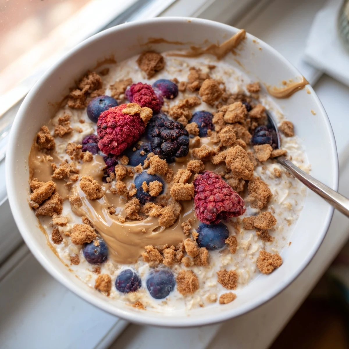 Quick Biscoff Overnight Oats with Greek yogurt, rolled oats, and a spoon ready for breakfast.