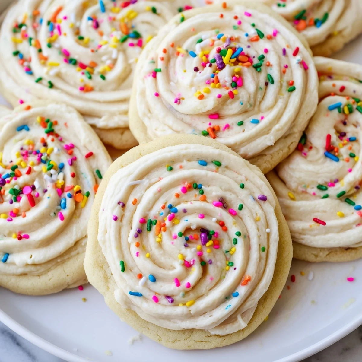 Frosted Walmart-Style Sugar Cookies with Buttercream Frosting are arranged on a platter, ready to serve at a party.