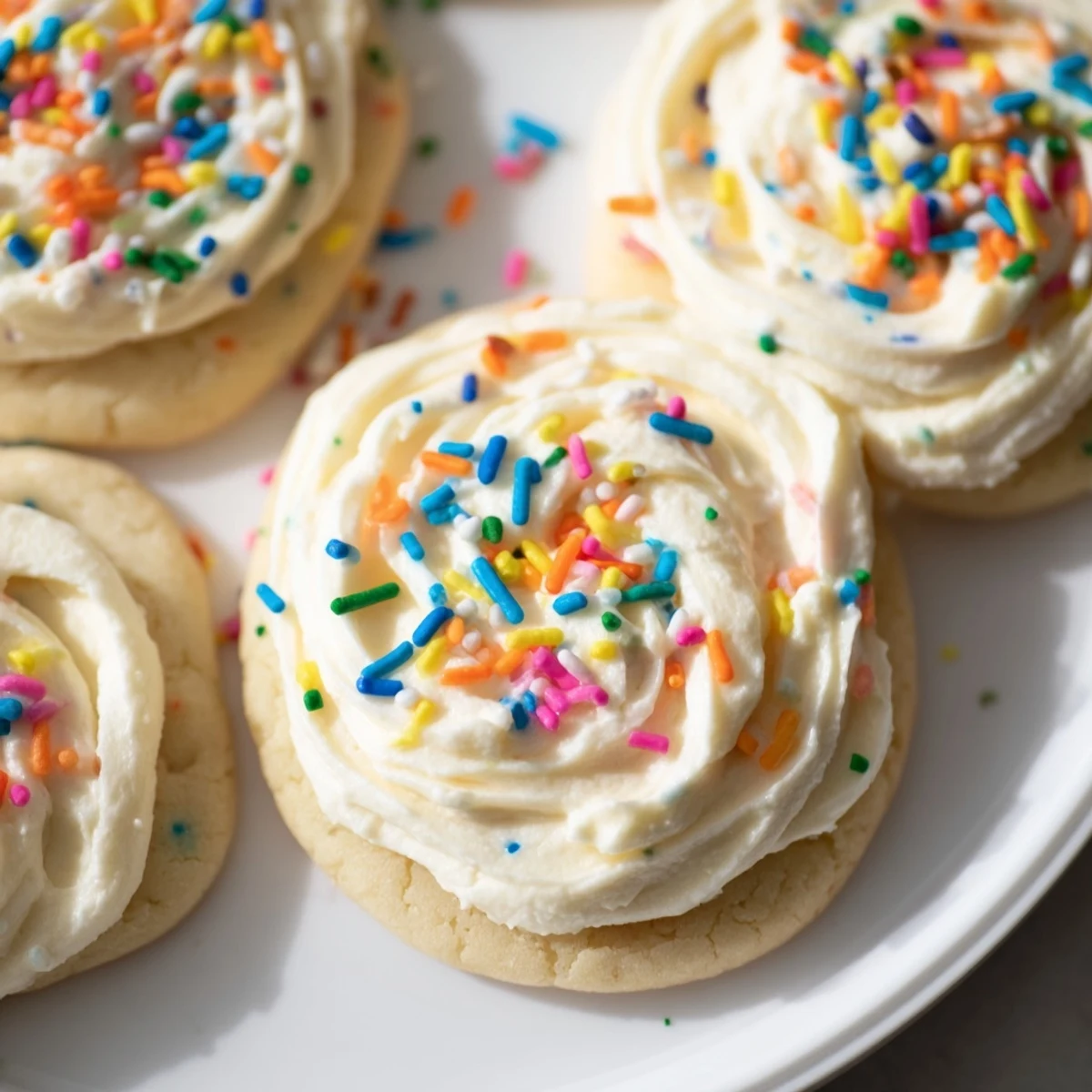 Close-up of Walmart-Style Sugar Cookies with Buttercream Frosting showing fluffy white icing and colorful sprinkles for a sweet treat.