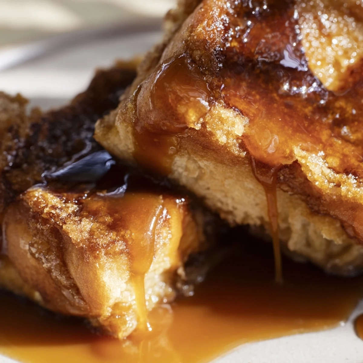 Golden Crème Brûlée French Toast slices, caramelized sugar crust glistening, served warm with fresh berries on a rustic plate.