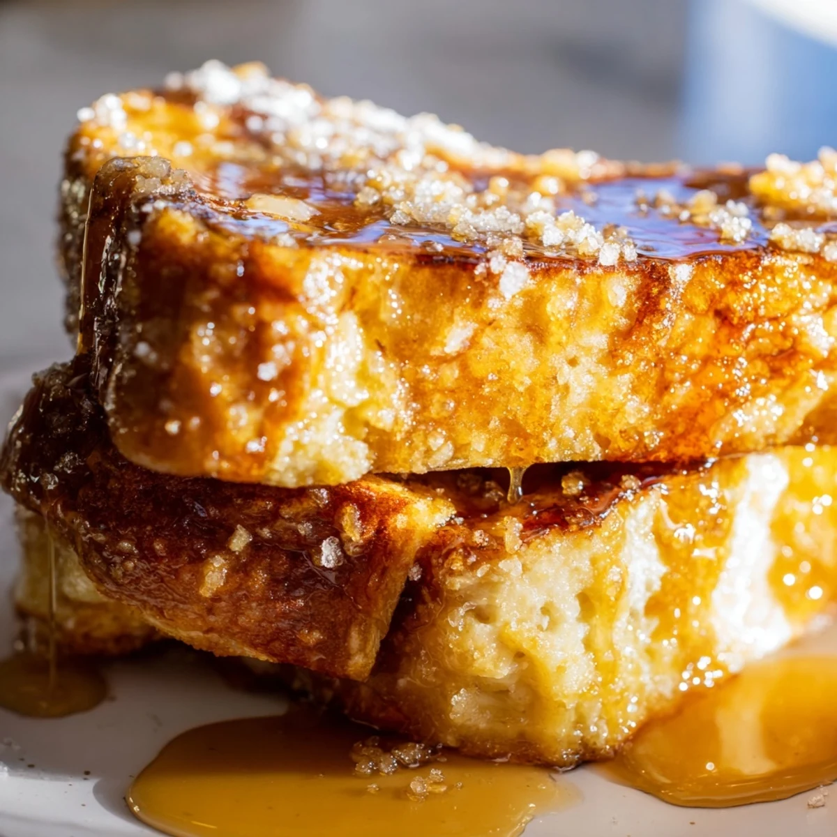 Rich Crème Brûlée French Toast, buttery brown sugar bottom, ready to serve with whipped cream and a drizzle of caramel.