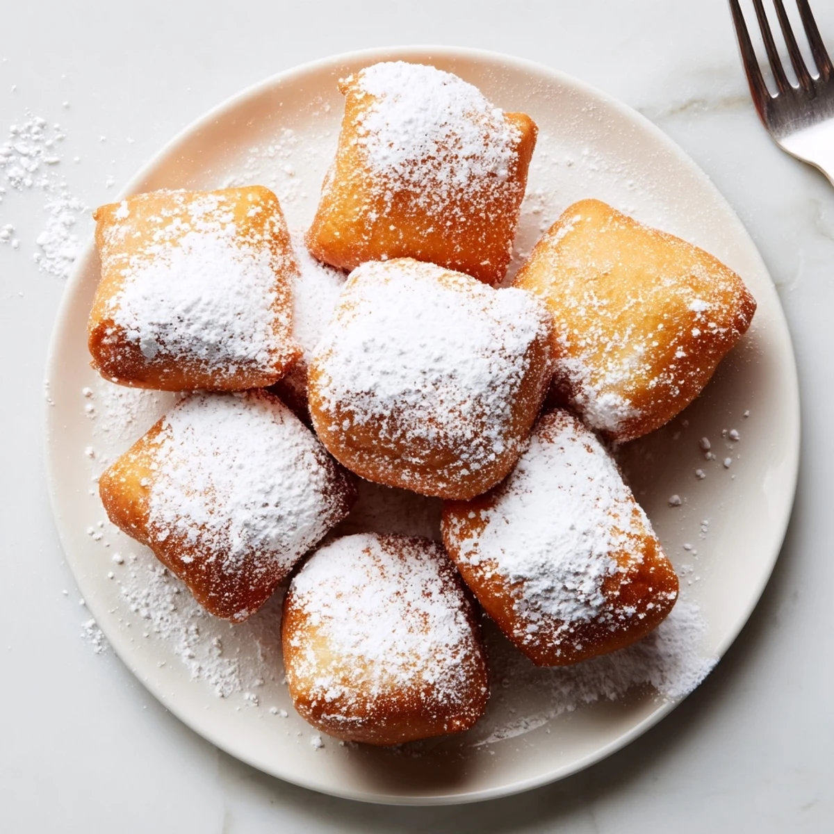 Freshly fried Vanilla French Beignets dusted with powdered sugar, served warm on a rustic plate.  