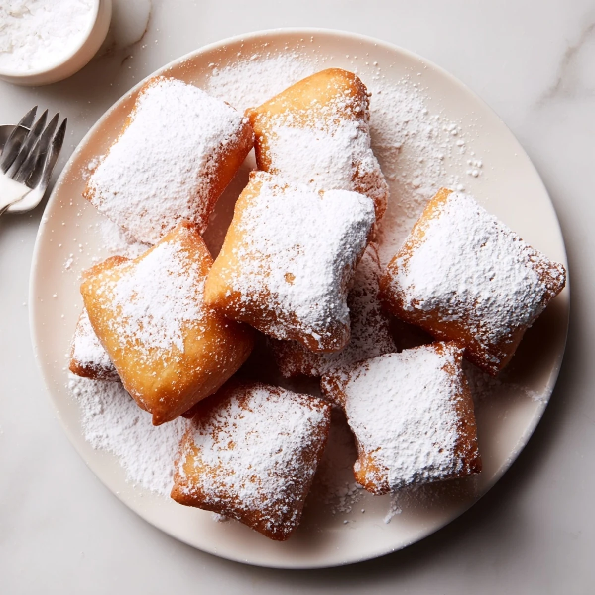 Close-up of pillowy Vanilla French Beignets with a light vanilla glaze and powdered sugar.