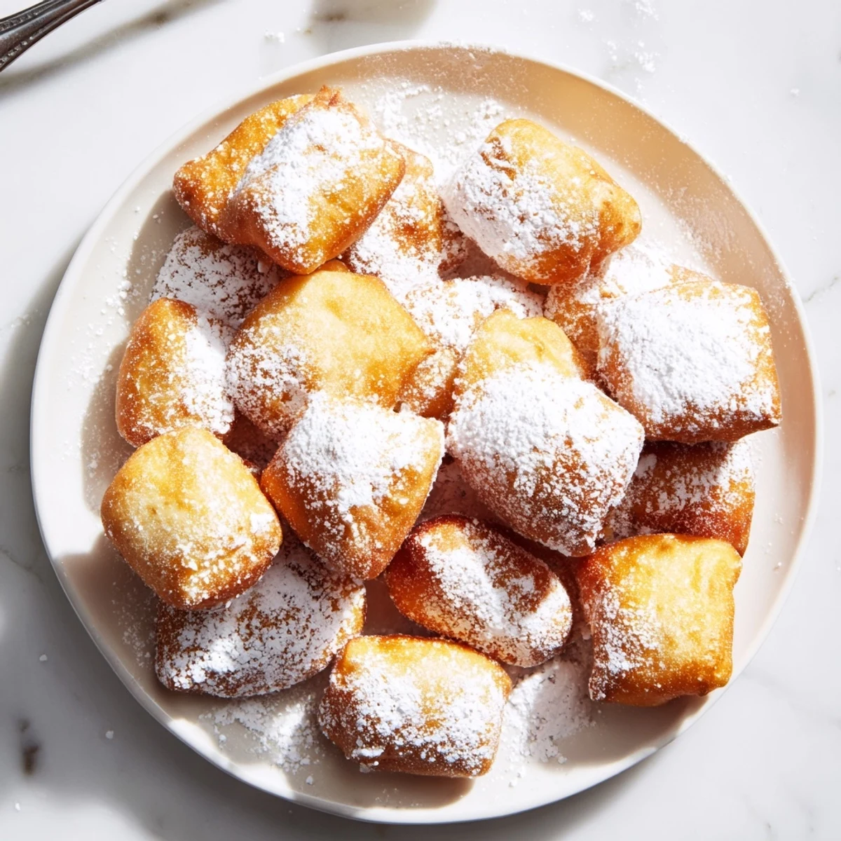 A stack of golden Vanilla French Beignets beside a cup of coffee, perfect for breakfast.  