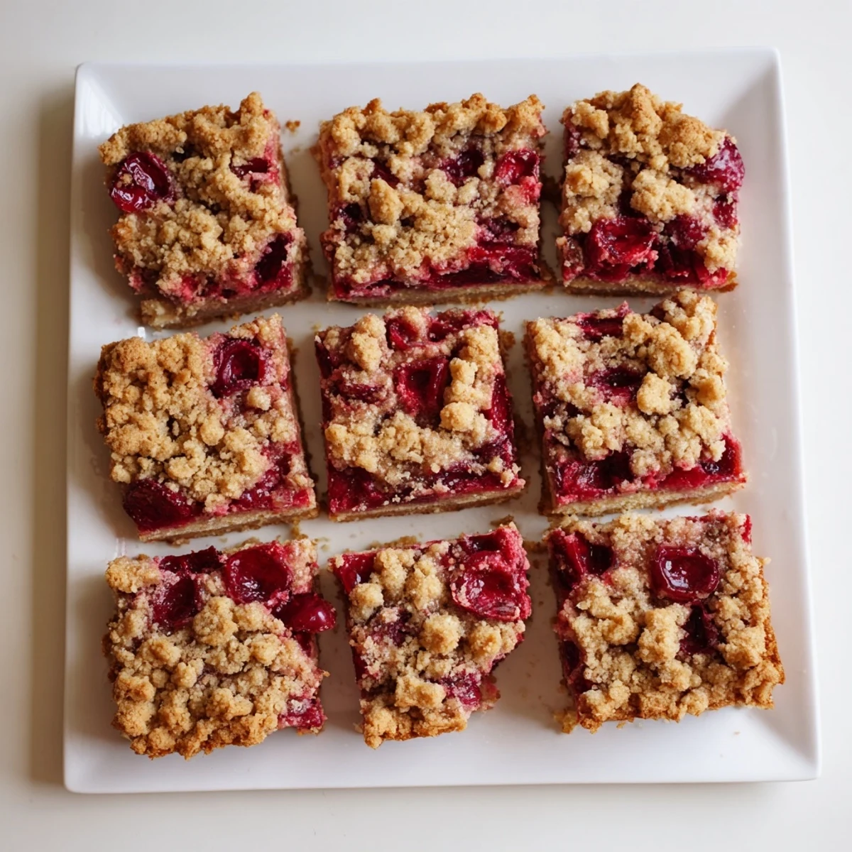 Cherry Crumble Bars with golden crumbly top and glossy red cherry filling on a baking sheet.