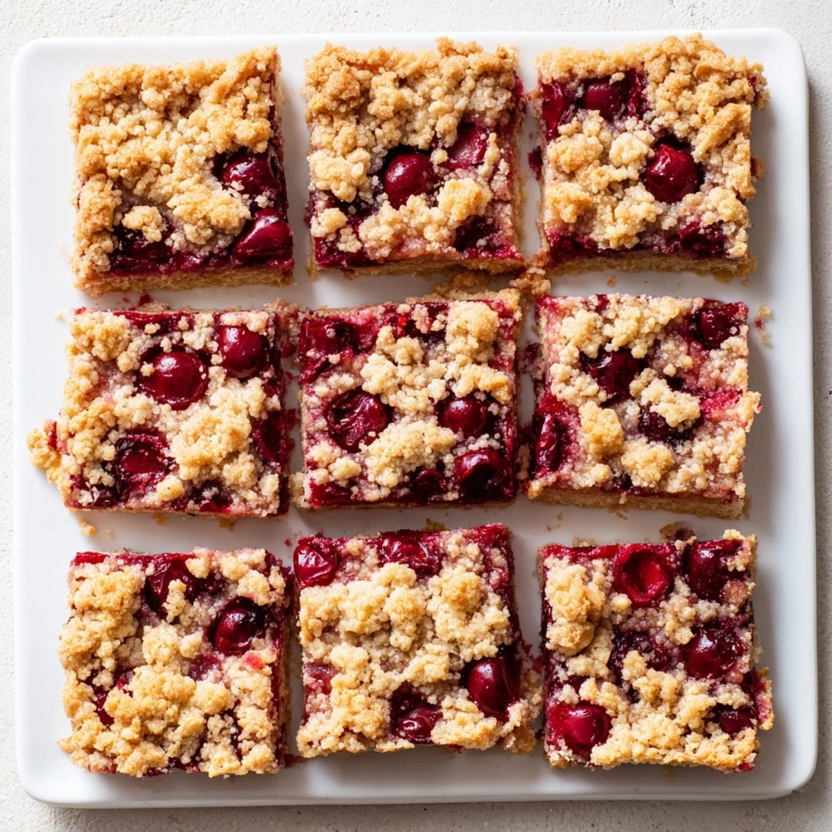 Warm Cherry Crumble Bars served on a plate with a scoop of vanilla ice cream melting.