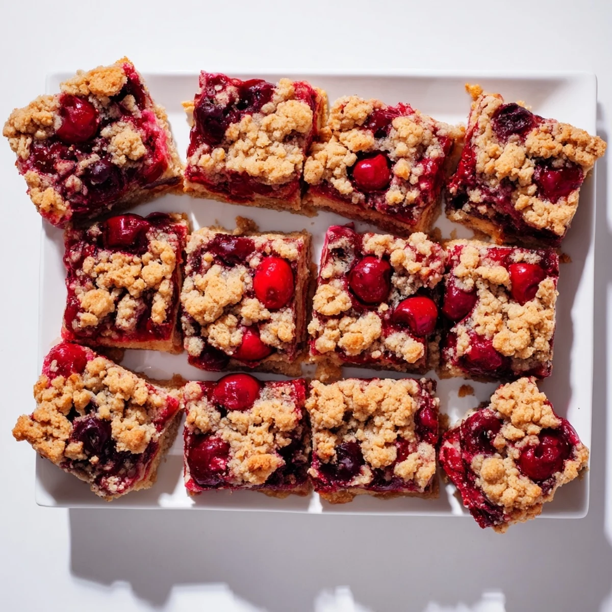 A close-up of Cherry Crumble Bars showing buttery crust and sweet-tart cherry layer for dessert.