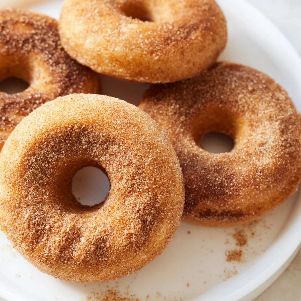 Warm Delicious Baked Cinnamon Sugar Donuts You Cant Resist on a plate beside a steaming cup of coffee for breakfast.