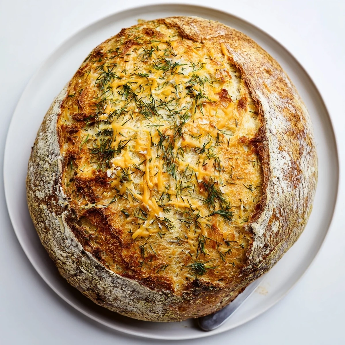 Freshly baked No Knead Dill Gouda Artisan Bread cooling on a wire rack with a golden, crackly crust.