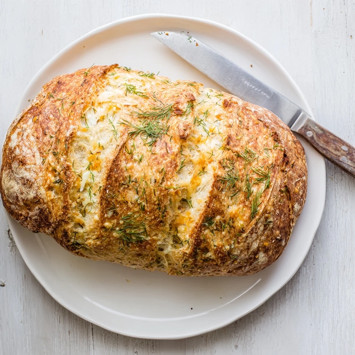 A rustic golden-brown loaf of No Knead Dill Gouda Artisan Bread sliced to show the soft, cheesy crumb.