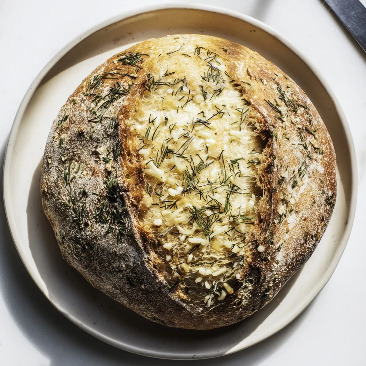 No Knead Dill Gouda Artisan Bread loaf rests on a wooden board ready for serving with soup.