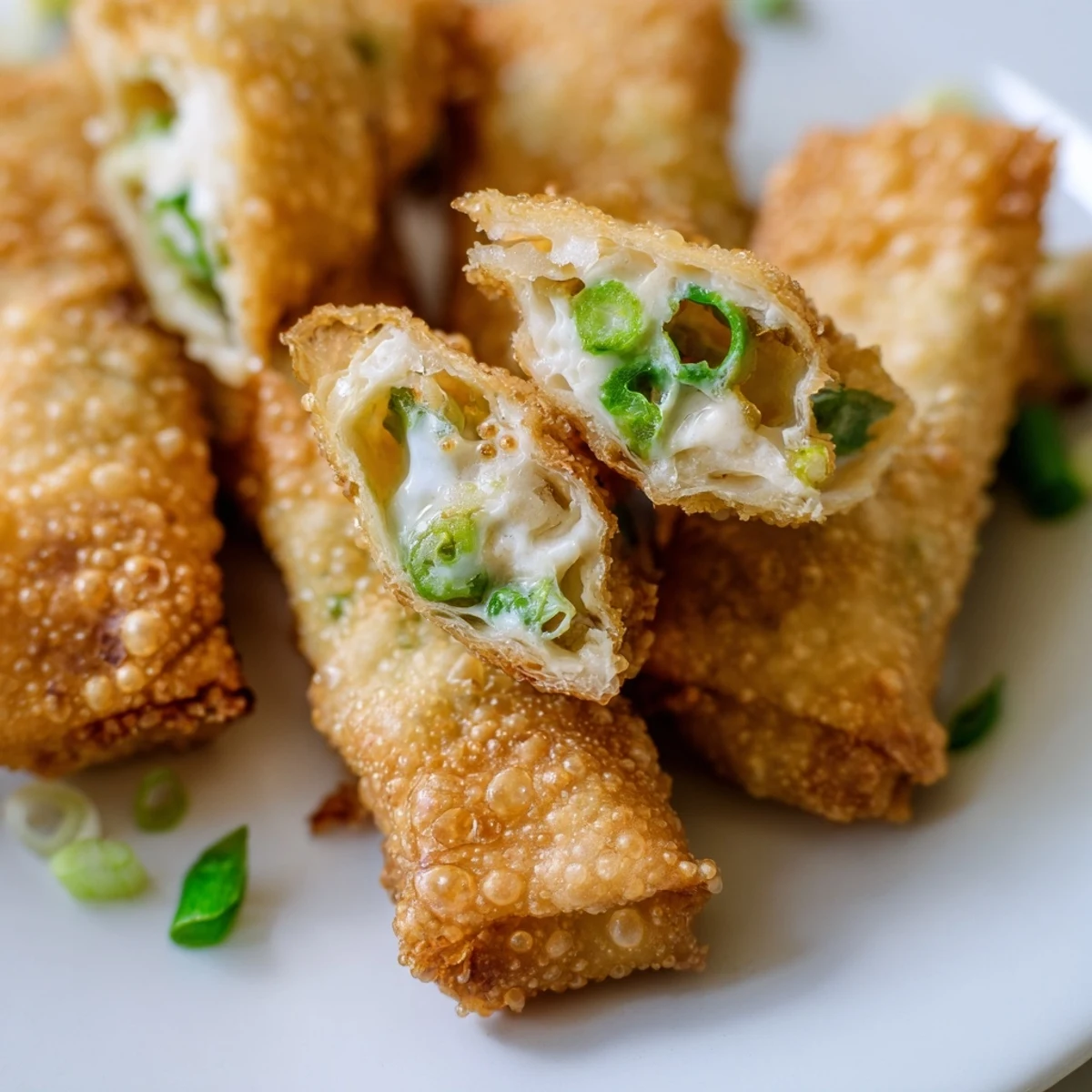 Golden crispy Mini Jalapeño Popper Egg Rolls are stacked on a platter, revealing a creamy, spicy filling with flecks of green jalapeños and green onions.
