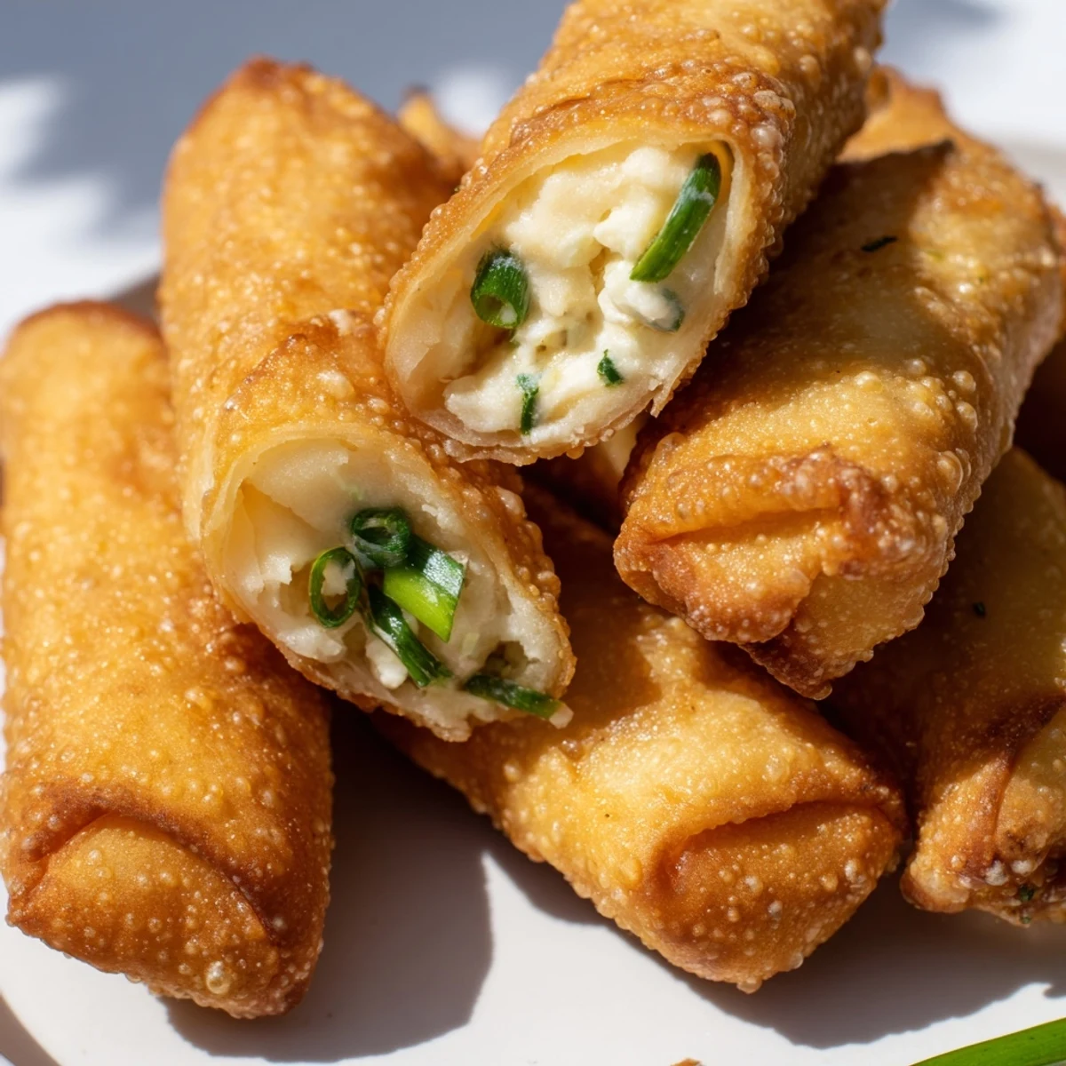 A close-up of Mini Jalapeño Popper Egg Rolls shows steam rising from the golden, crunchy wrappers, with a small bowl of creamy ranch dip nearby.