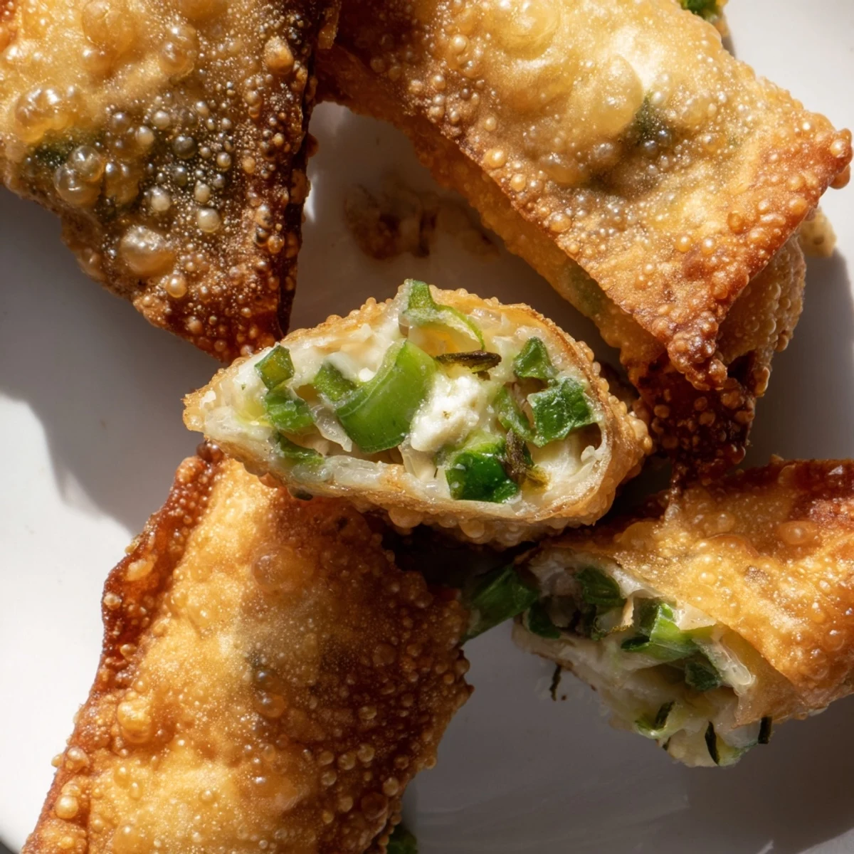 Fried Mini Jalapeño Popper Egg Rolls are arranged on a parchment-lined tray, garnished with fresh jalapeño slices and a sprinkle of smoked paprika.