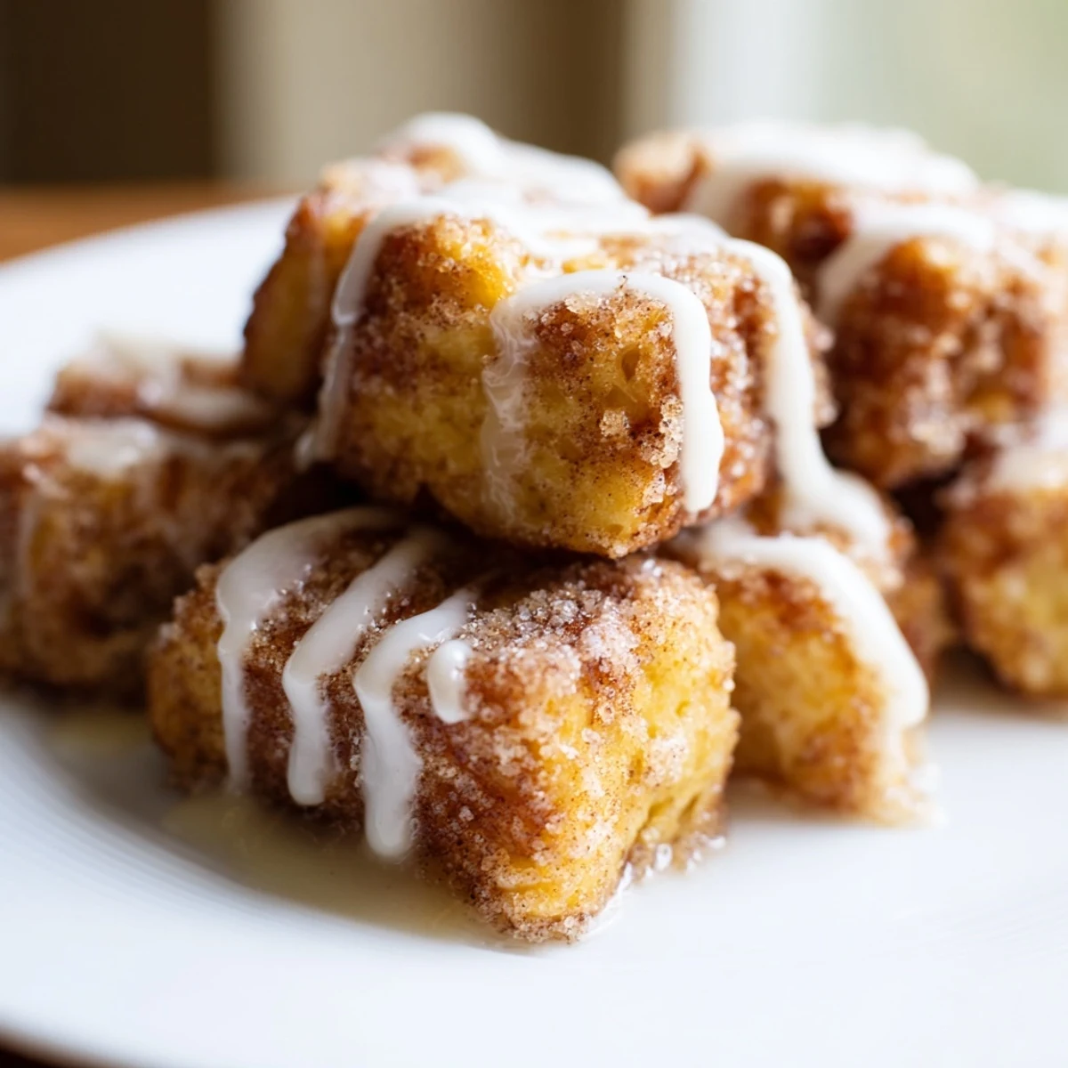 Golden-brown Cinnamon Roll French Toast Bites glistening with sweet glaze on a plate.