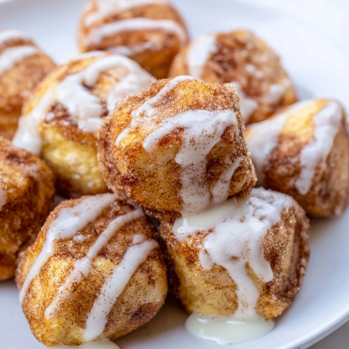 Freshly glazed Cinnamon Roll French Toast Bites garnished with a dusting of cinnamon.
