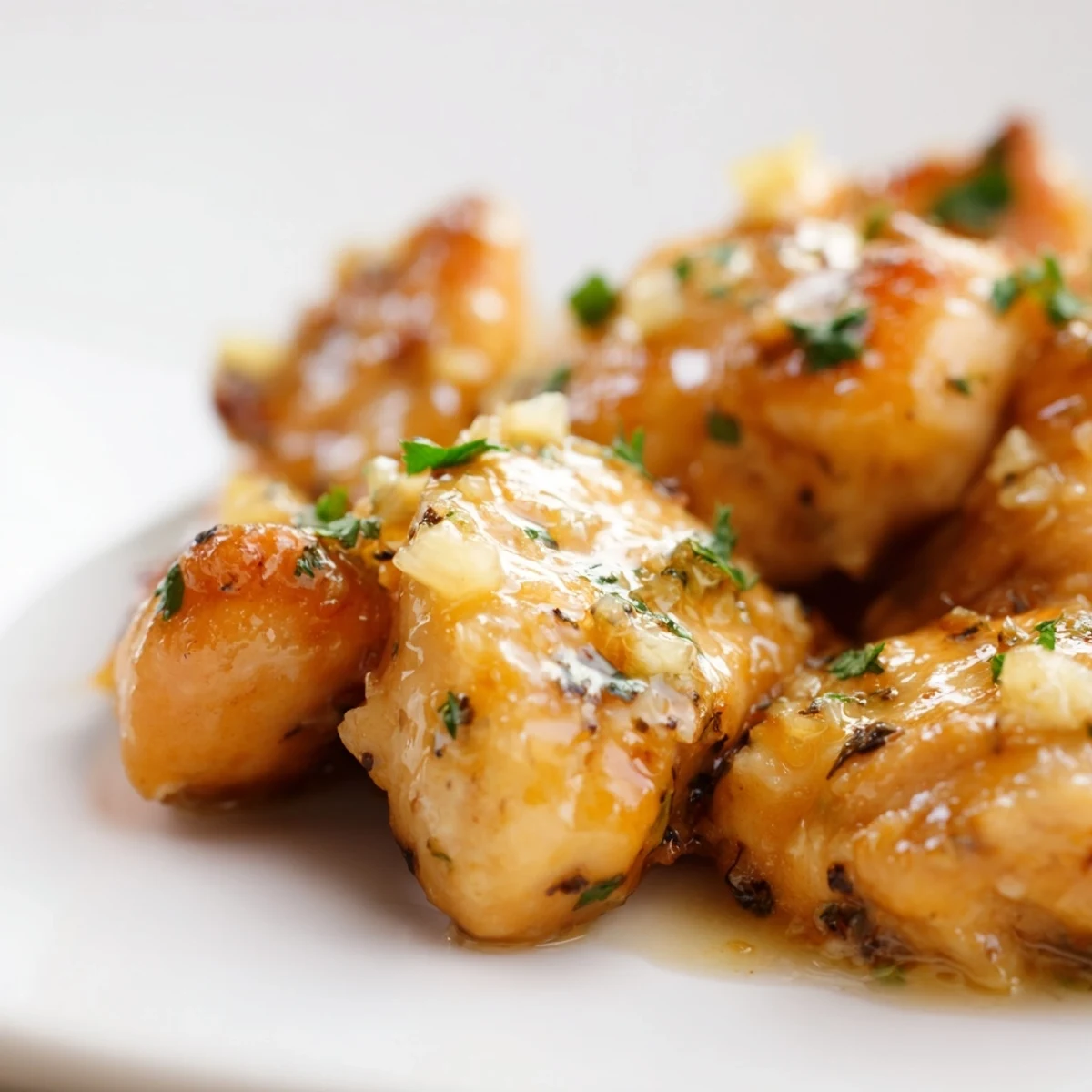 Close-up of juicy Garlic Butter Chicken in a skillet, with a luscious sauce and steam rising from the pan.