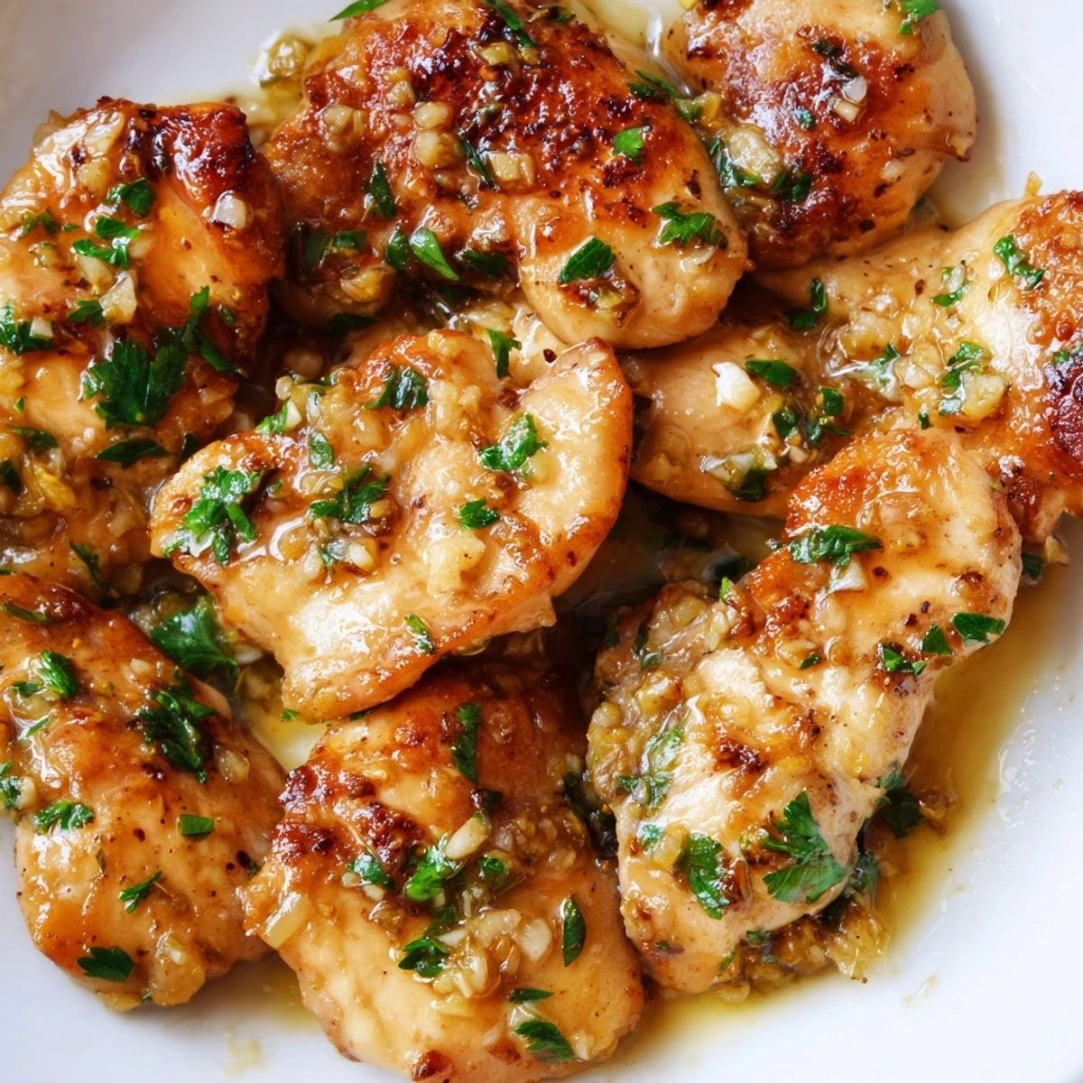 Tender Garlic Butter Chicken served on a plate with lemon wedges and parsley, ready for a family dinner.