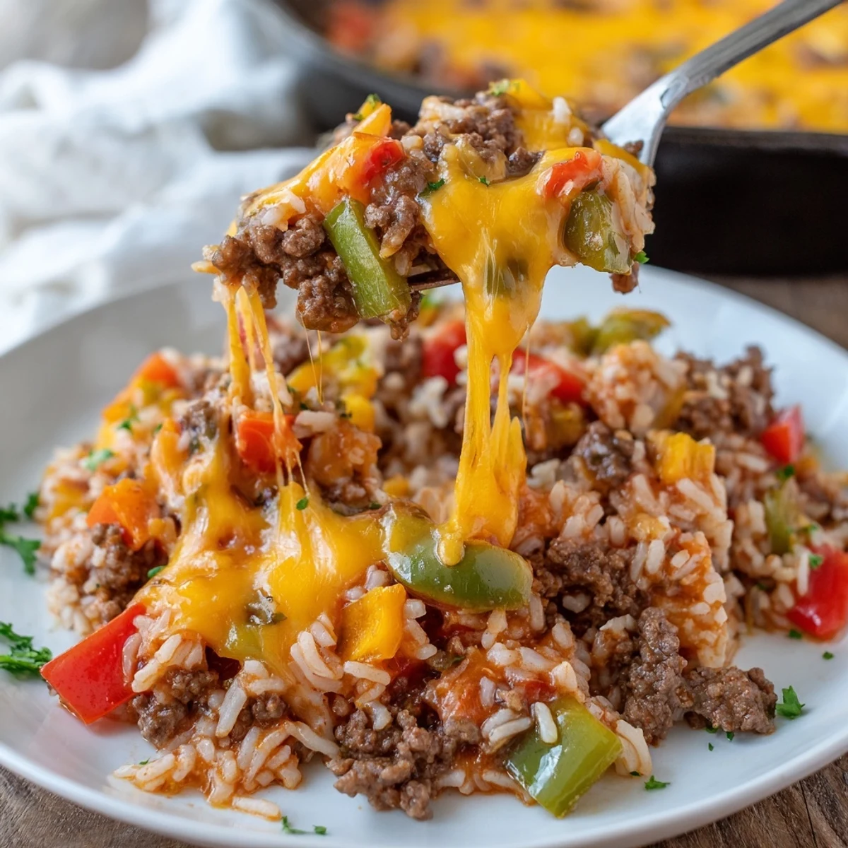Steaming Unstuffed Pepper Skillet with melted cheddar, tender rice, and bright bell peppers in a skillet.