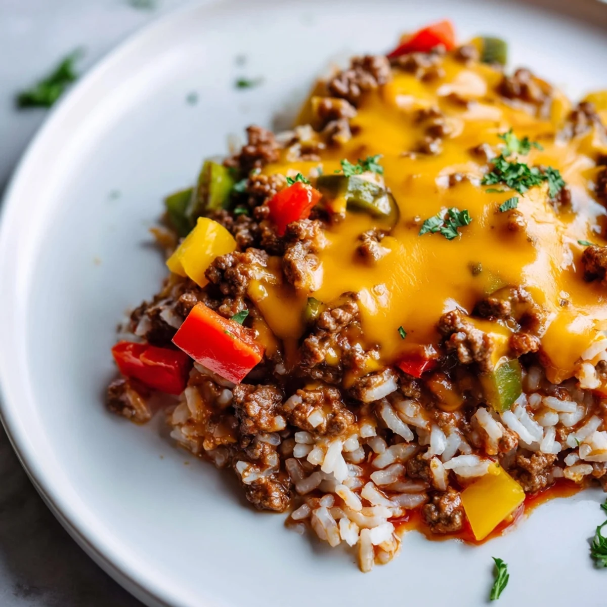 Golden melted cheese tops the hearty Unstuffed Pepper Skillet, garnished with fresh parsley and ready to serve.