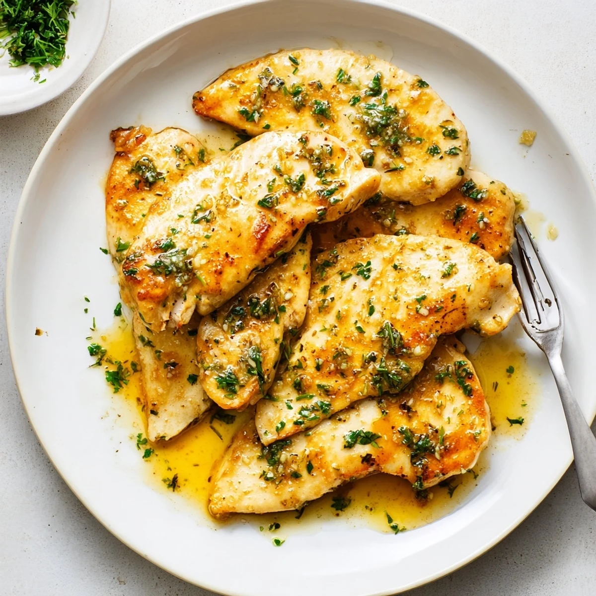 Garlic Butter Chicken rests on a plate beside lemon wedges and fresh parsley garnish, with a glossy sauce pooling around it.