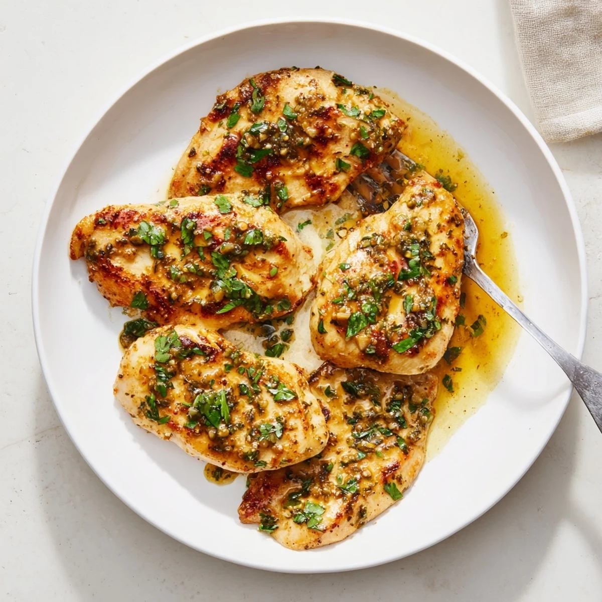 A close-up shows golden-brown Garlic Butter Chicken breasts coated in a rich, aromatic garlic butter sauce flecked with herbs.