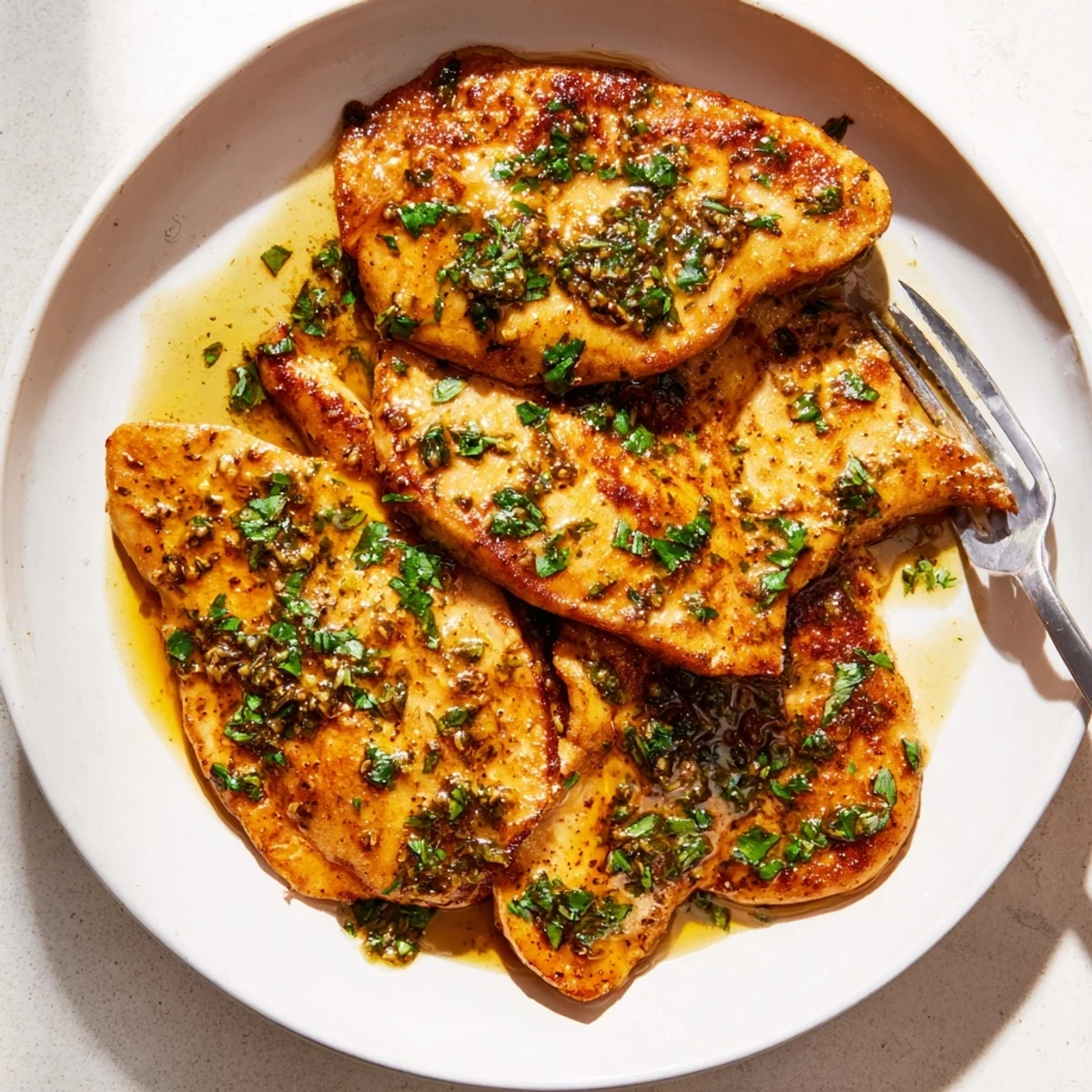 Garlic Butter Chicken served over creamy mashed potatoes with steamed green beans, highlighting the juicy, tender chicken breasts.