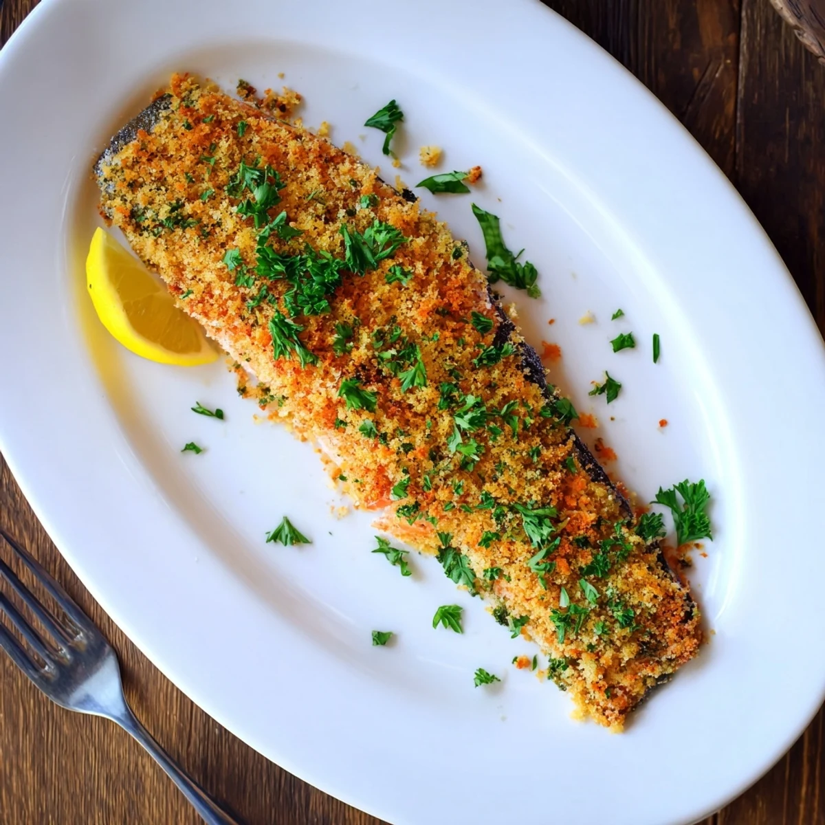 Golden-brown Irresistibly Crispy Parmesan Salmon Bake fresh from the oven, garnished with lemon wedges and parsley for a zesty finish.