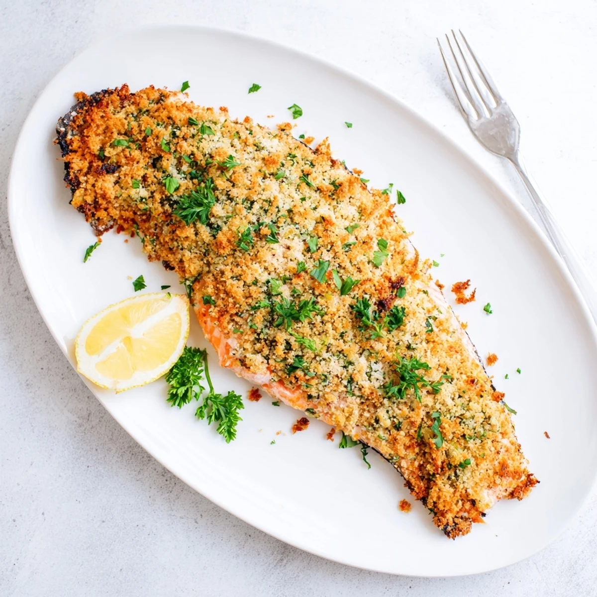 A close-up view of Irresistibly Crispy Parmesan Salmon Bake, highlighting the crunchy panko and Parmesan crust over tender, flaky salmon fillets.