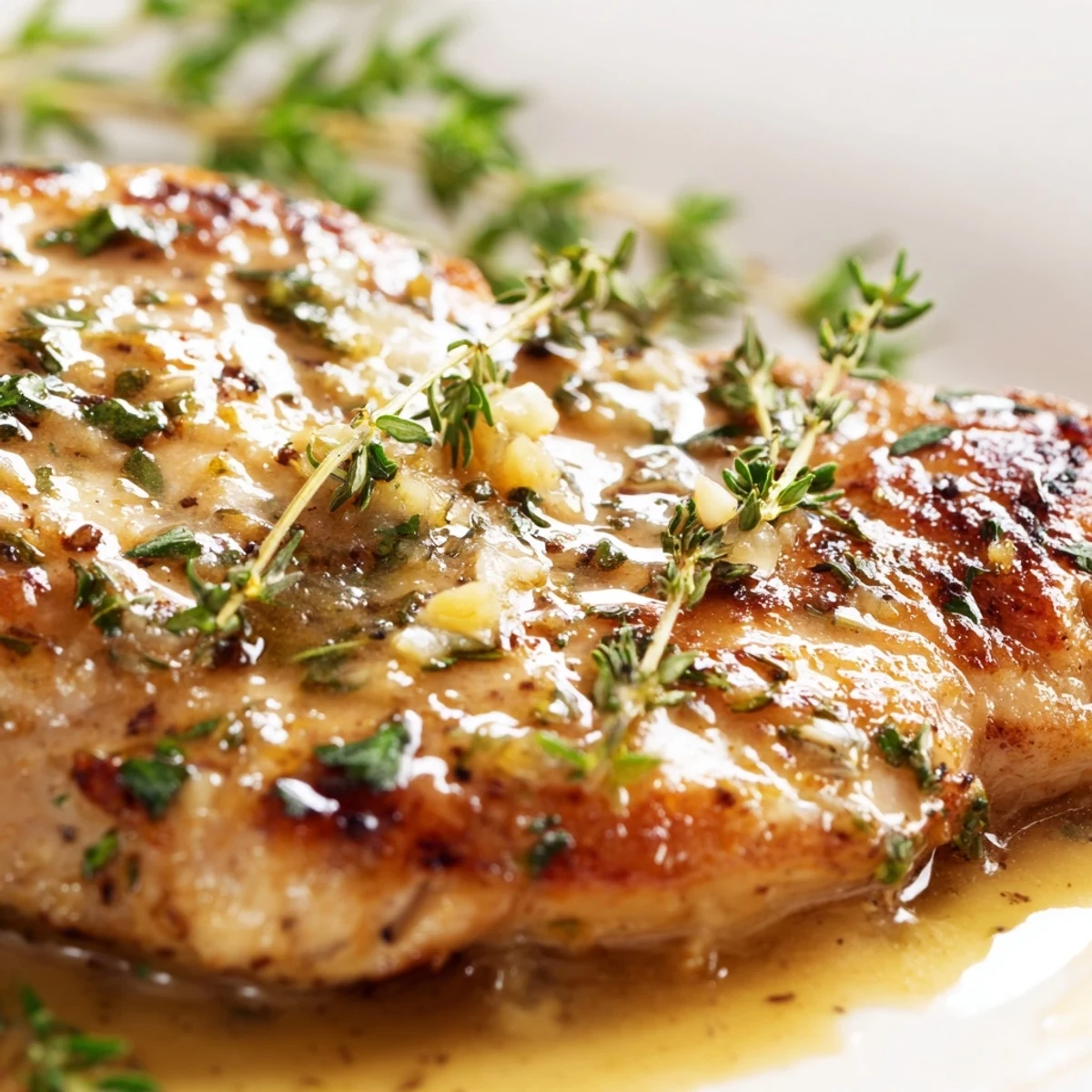 Golden-brown Garlic Butter Chicken breasts glistening with rich sauce and fresh parsley garnish on a white plate.