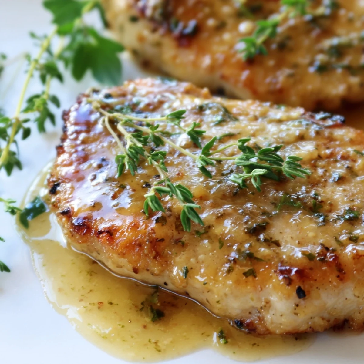 A skillet of sizzling Garlic Butter Chicken simmering in buttery garlic sauce with fresh thyme leaves.