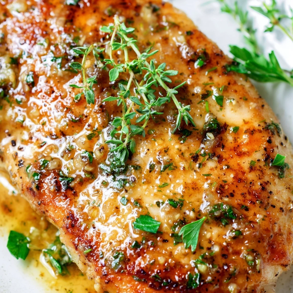 Garlic Butter Chicken served over mashed potatoes with a lemony garlic butter sauce drizzled generously.