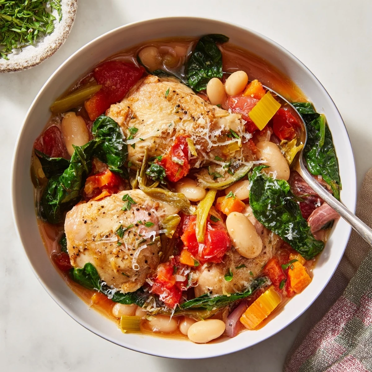 A warm bowl of Tuscan Slow Cooker Chicken Stew with tender chicken chunks, creamy cannellini beans, and wilted spinach in a rich tomato broth.