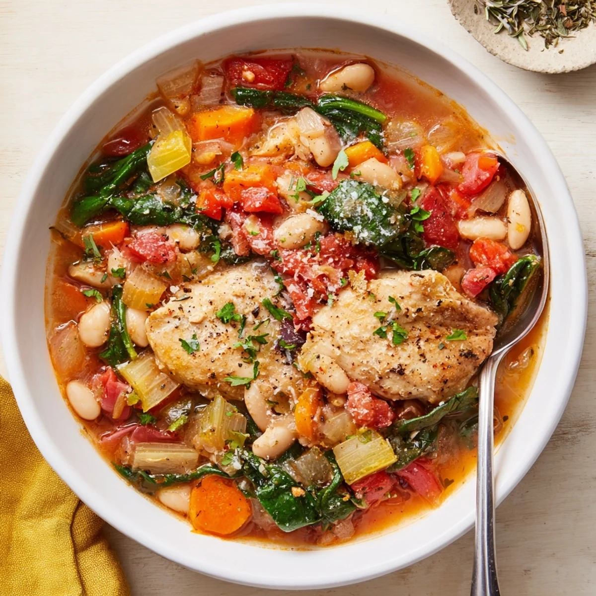 Close-up of the Tuscan Slow Cooker Chicken Stew showing hearty vegetables and beans, steam rising from the savory Italian-inspired main dish.