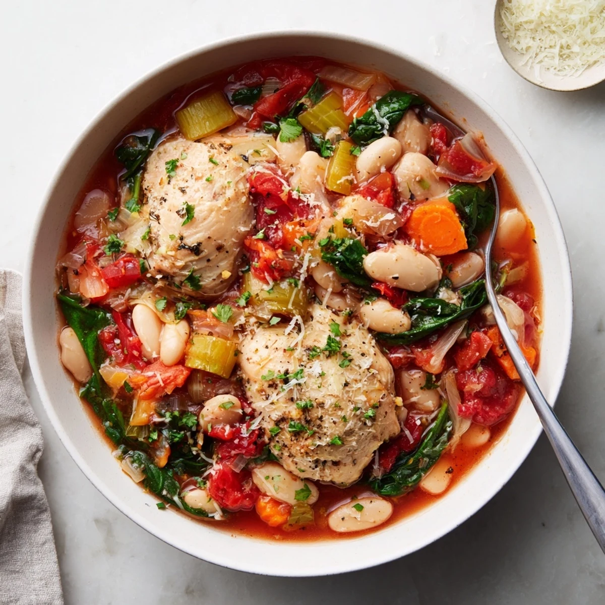 Photo of Tuscan Slow Cooker Chicken Stew served in a rustic bowl, garnished with fresh parsley and a side of crusty bread for dipping.