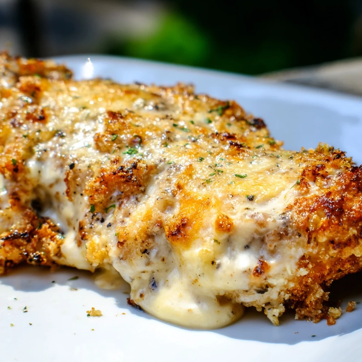 Golden-brown Melt In Your Mouth chicken breasts sit in a creamy sauce, baked to perfection and served alongside fresh green beans.