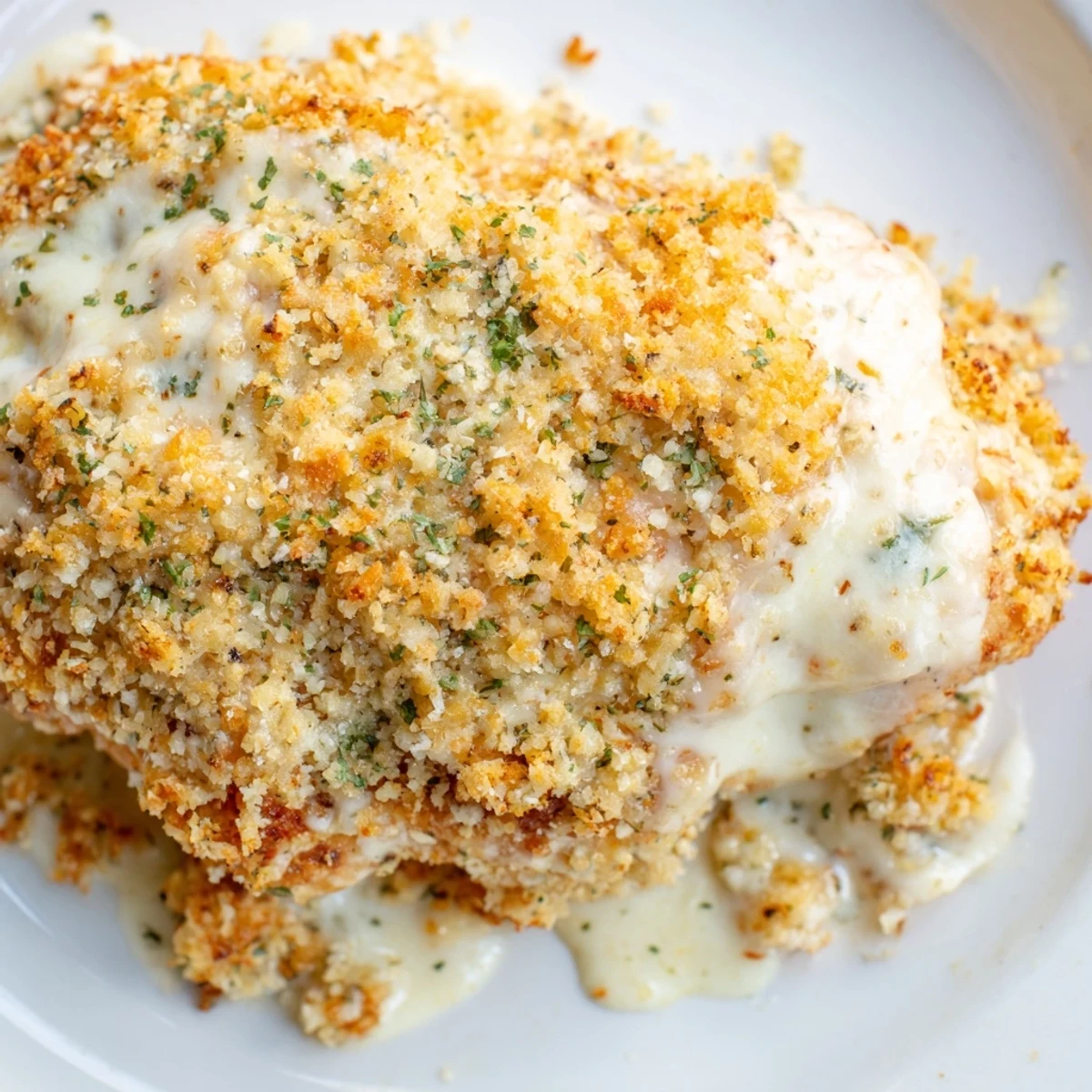 Savory Melt In Your Mouth chicken emerges from the oven with a golden topping, garnished with fresh parsley on a ceramic plate.