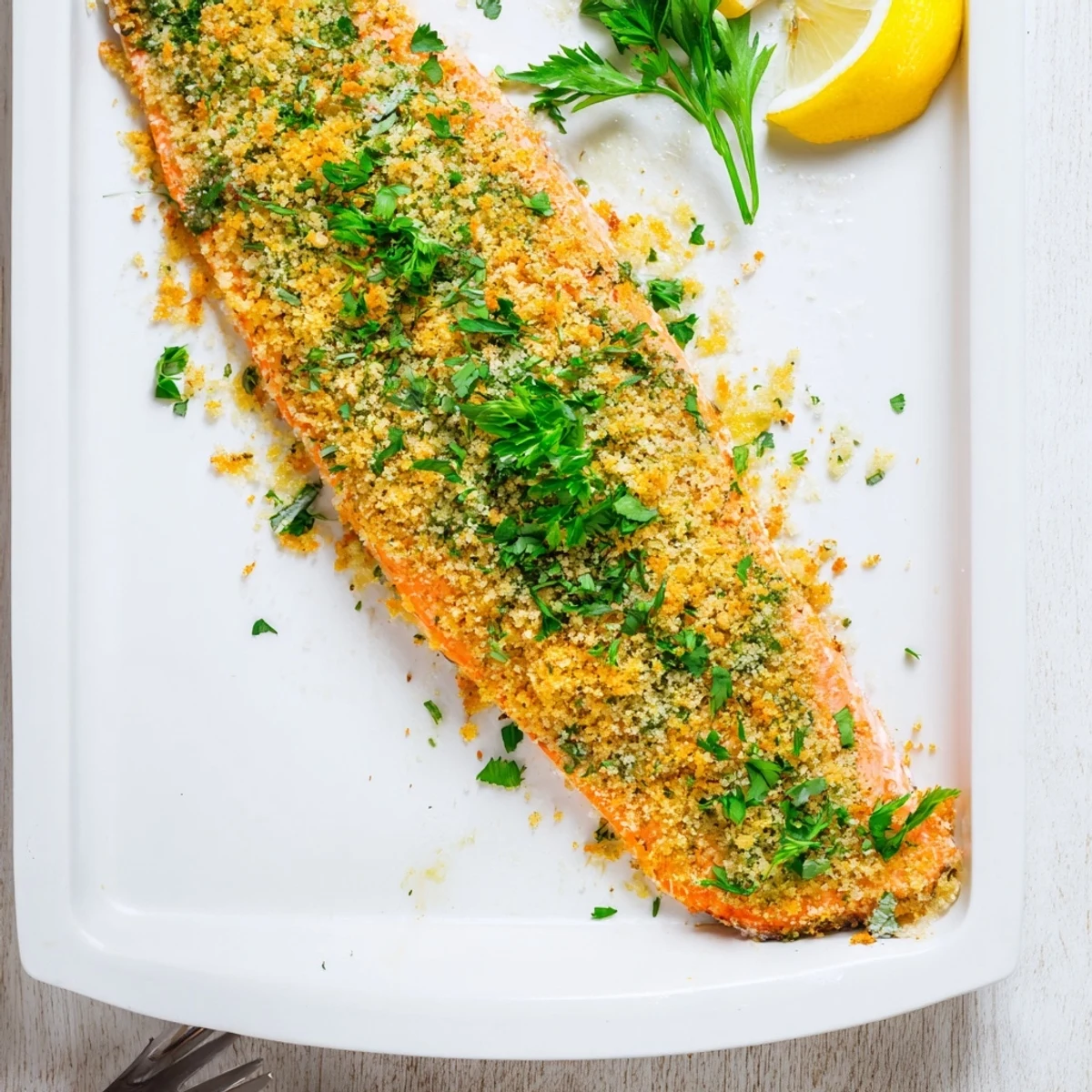 Golden-brown Parmesan Crust Salmon Bake topped with fresh herbs and lemon wedges on a baking sheet.