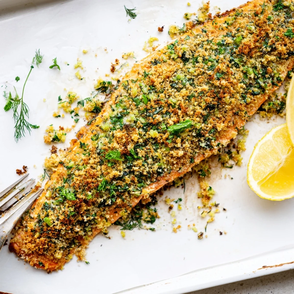 Close-up of Irresistibly Crispy Parmesan Salmon Bake flaking with fork, paired with a glass of white wine.