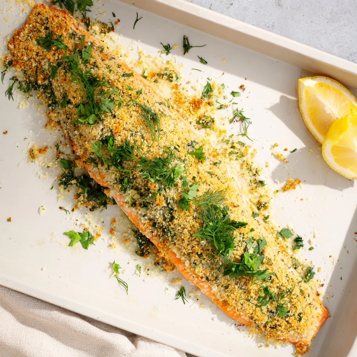 Crispy Irresistibly Crispy Parmesan Salmon Bake fillet with golden crumb topping, served with roasted vegetables.