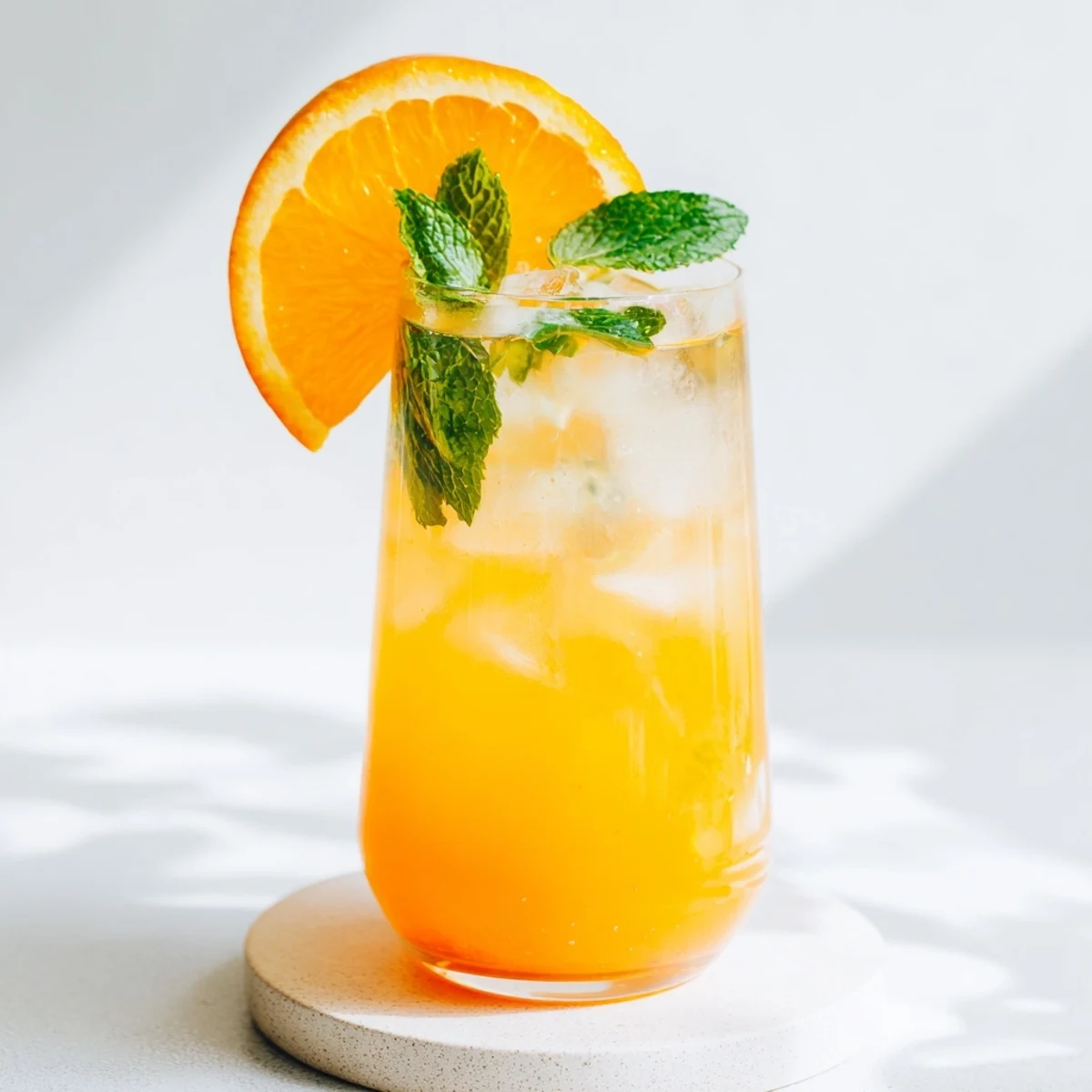 Chilled glasses of Refreshing Coconut Orange Glow shine with lime and ginger, ready to serve alongside a light salad.