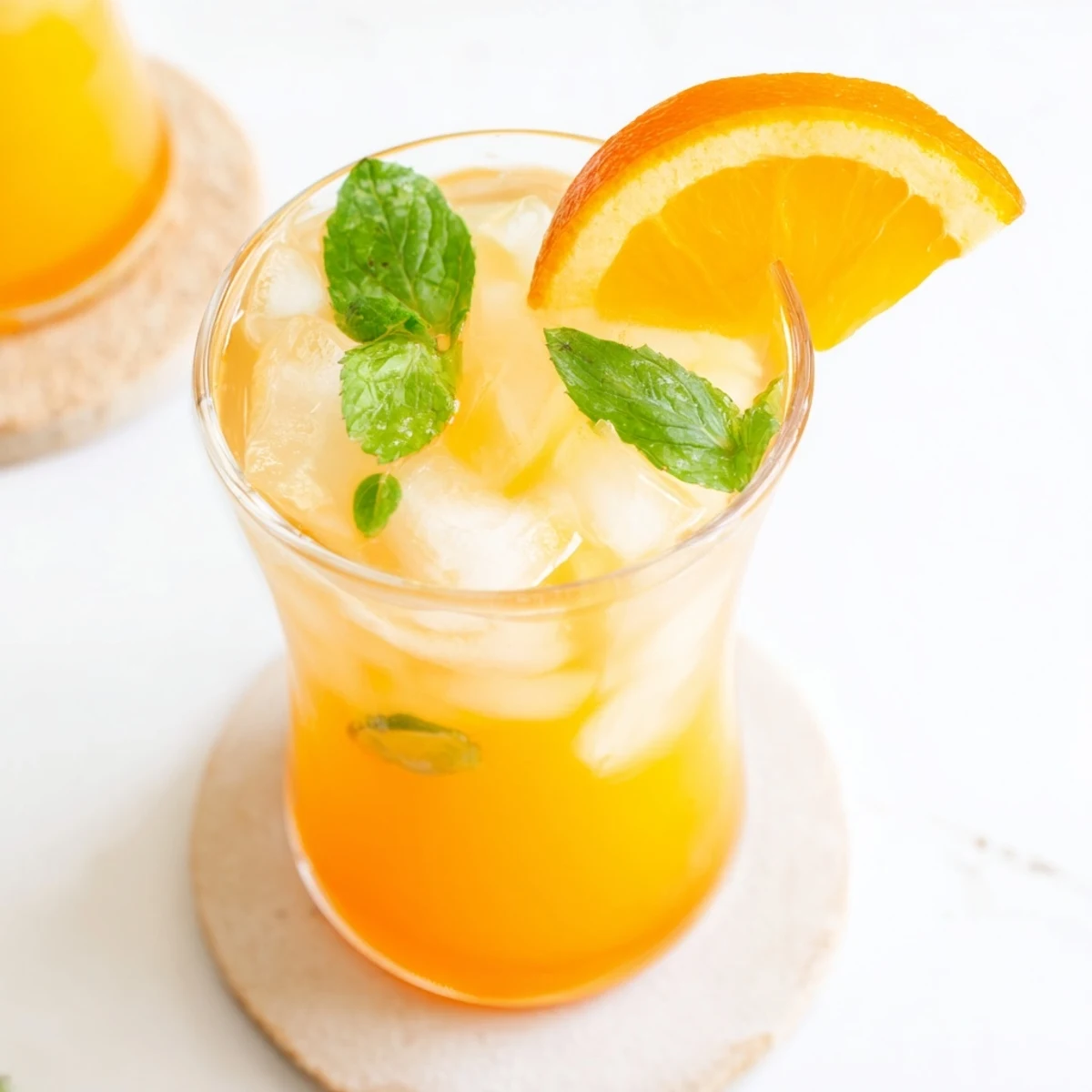 A pitcher holds the tropical blend garnished with orange slices and fresh mint leaves for a vibrant, hydrating beverage.  