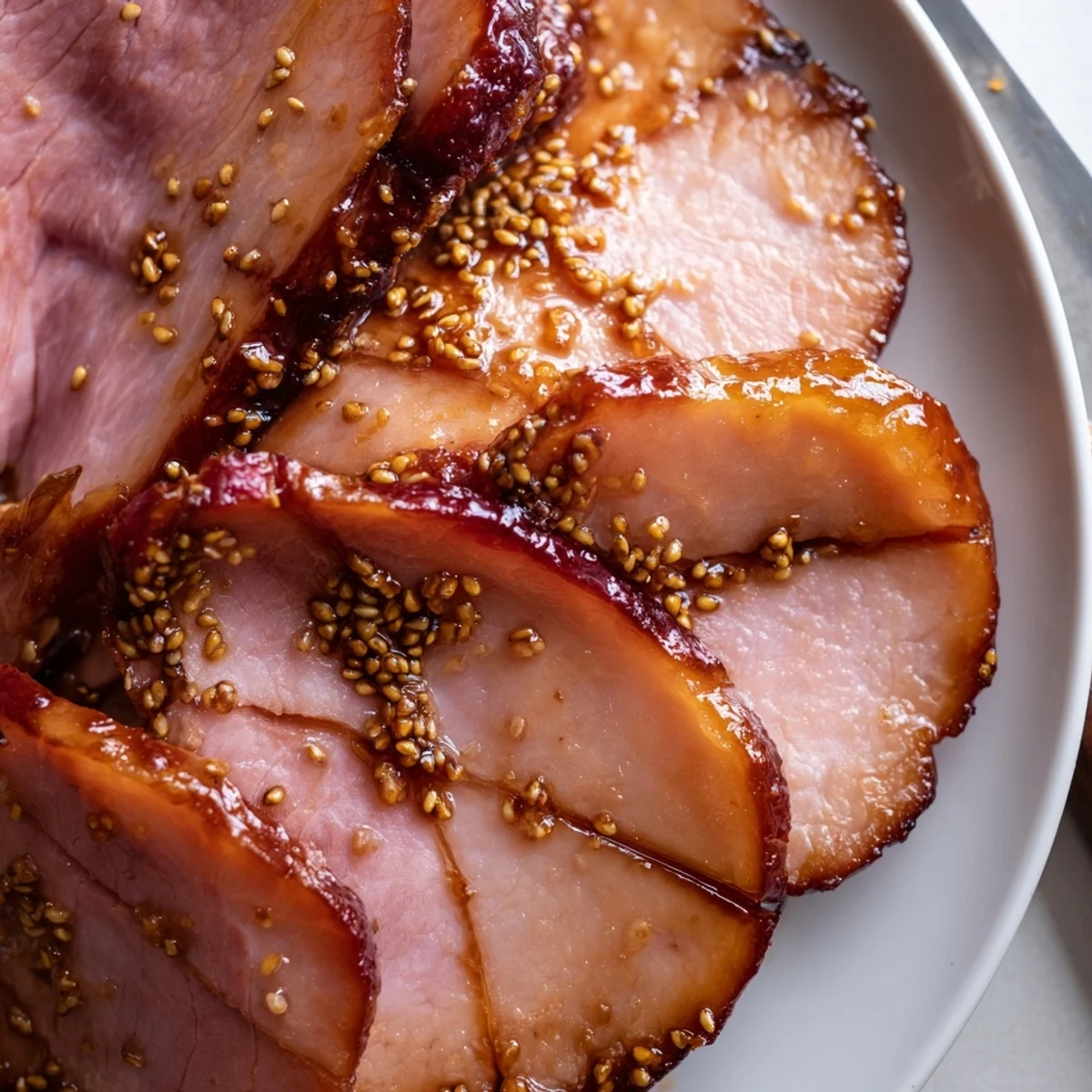 Freshly baked Brown Sugar Mustard Glazed Ham rests on a cutting board, its sticky, caramelized crust glistening under warm kitchen lights, ready for family-style slicing.