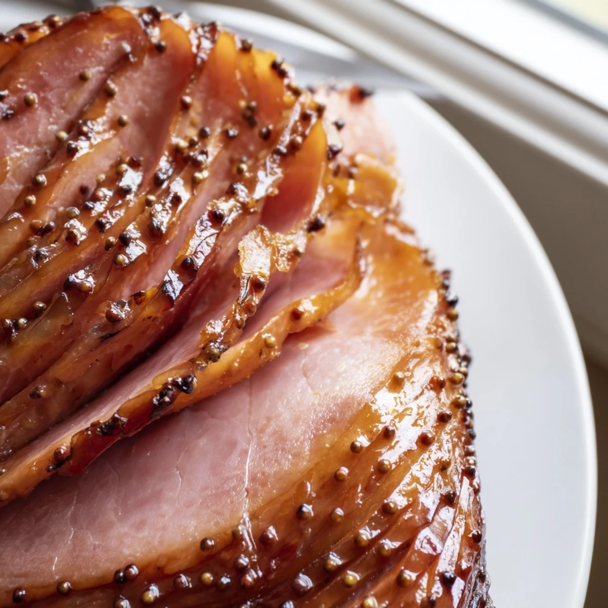 Close-up on the shiny glaze of Brown Sugar Mustard Glazed Ham, highlighting sweet brown sugar and tangy mustard notes on tender, oven-roasted meat.