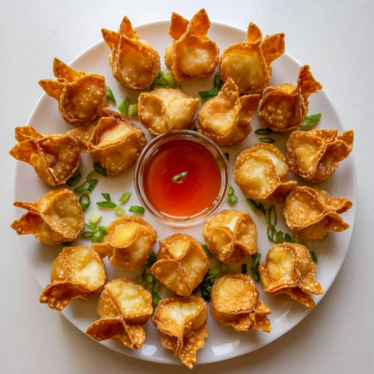 Golden-brown Crispy Crab Rangoon Bombs with Creamy Filling are served on a platter with sweet chili dipping sauce.