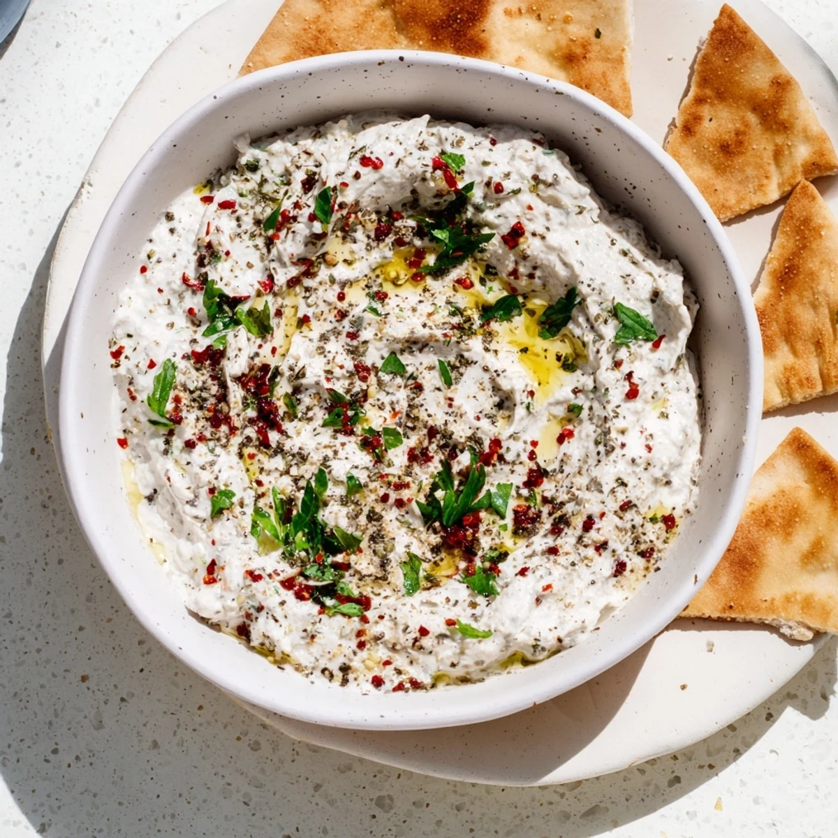 Bright red chili and creamy crumbled feta combine in this easy Tyrokafteri dip, served with pita bread.