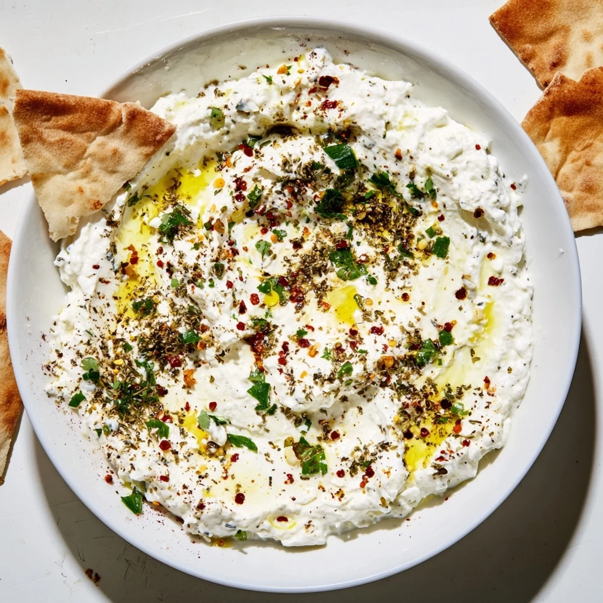 A close-up view of Tyrokafteri, the Greek whipped feta dip, garnished with fresh parsley and olive oil.
