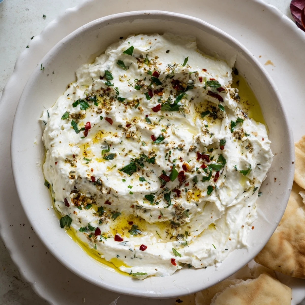 Spicy and tangy Tyrokafteri dip in a rustic bowl, ready to enjoy with a fresh vegetable crudités platter.